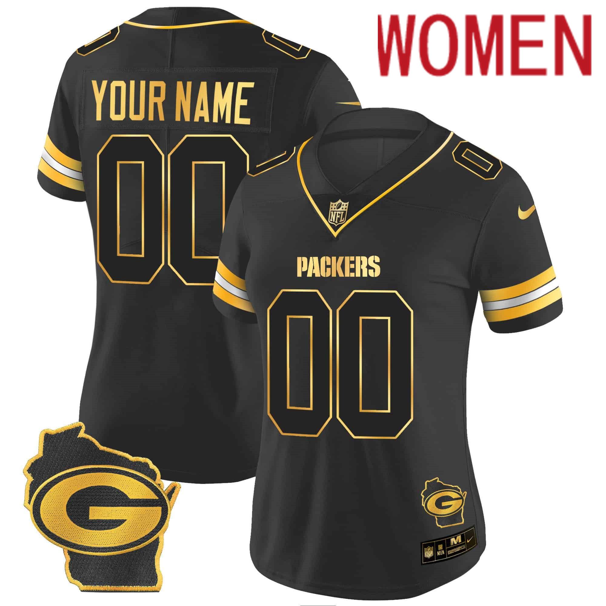 Women Green Bay Packers Black Gold 2024 Nike Home Patch Vapor Custom NFL Jersey style 2